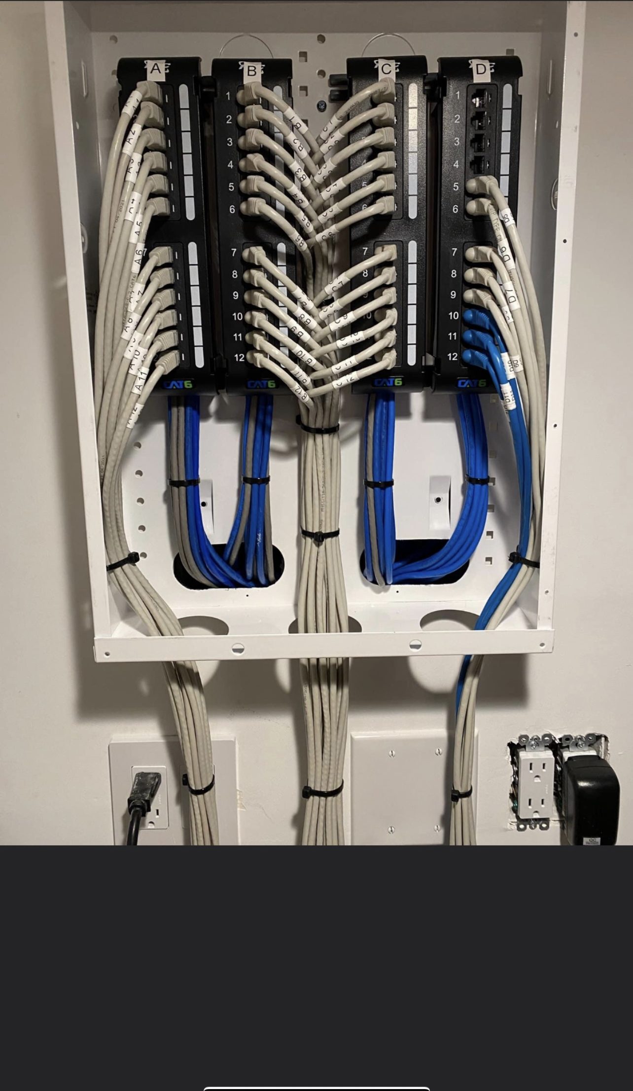 Hand-dressed Cat6 patch panel with fiber drop
