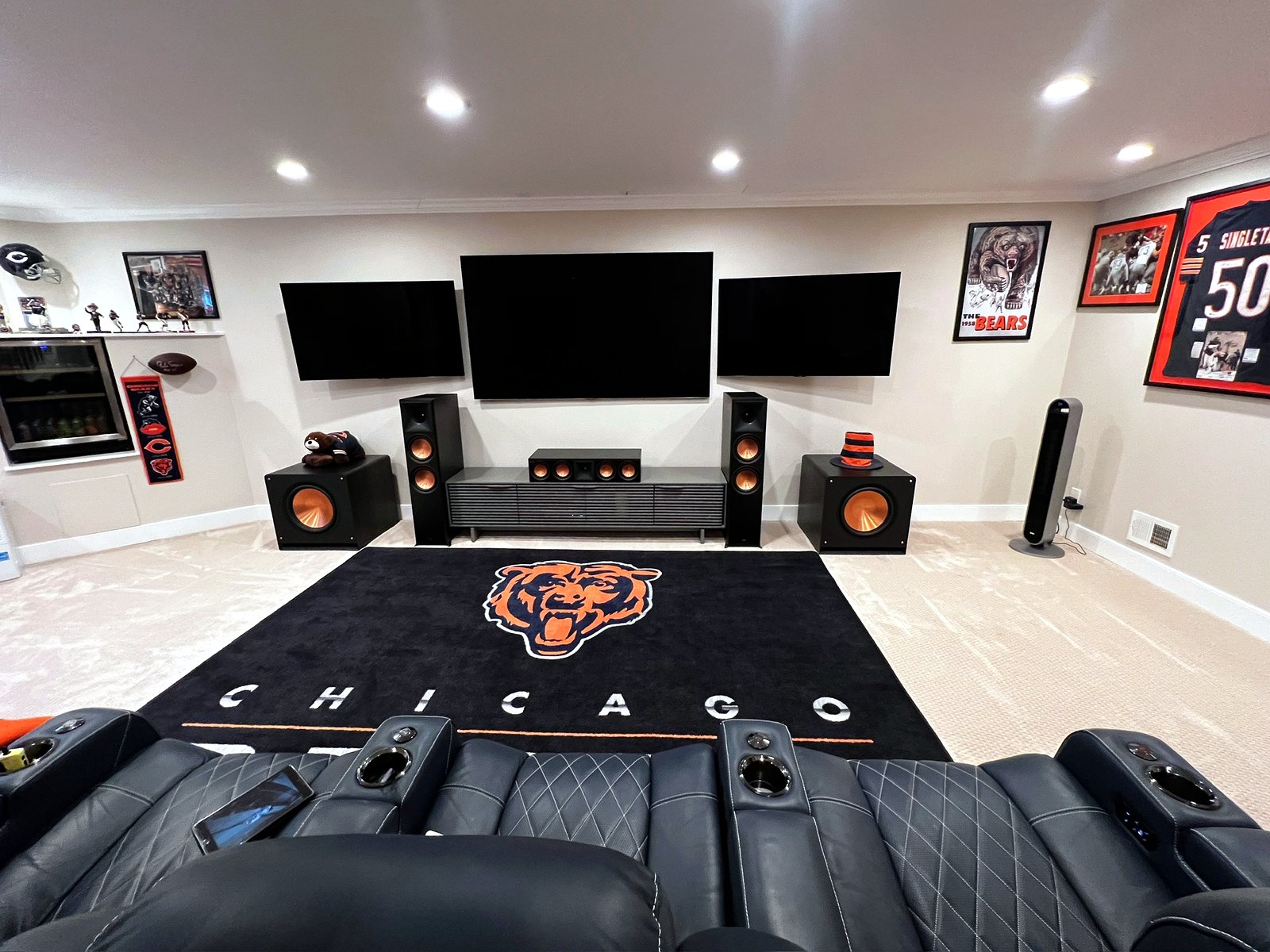 Chicago Bears themed theater with Klipsch speakers